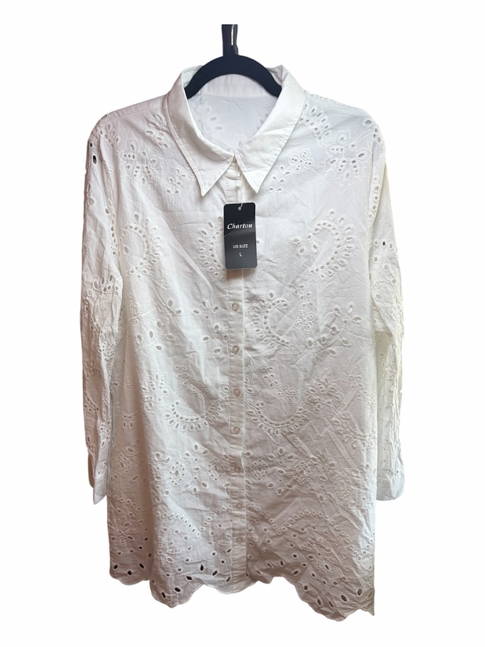 Chartou White Eyelet Long-Sleeve Cotton Boho Dress Size Large New